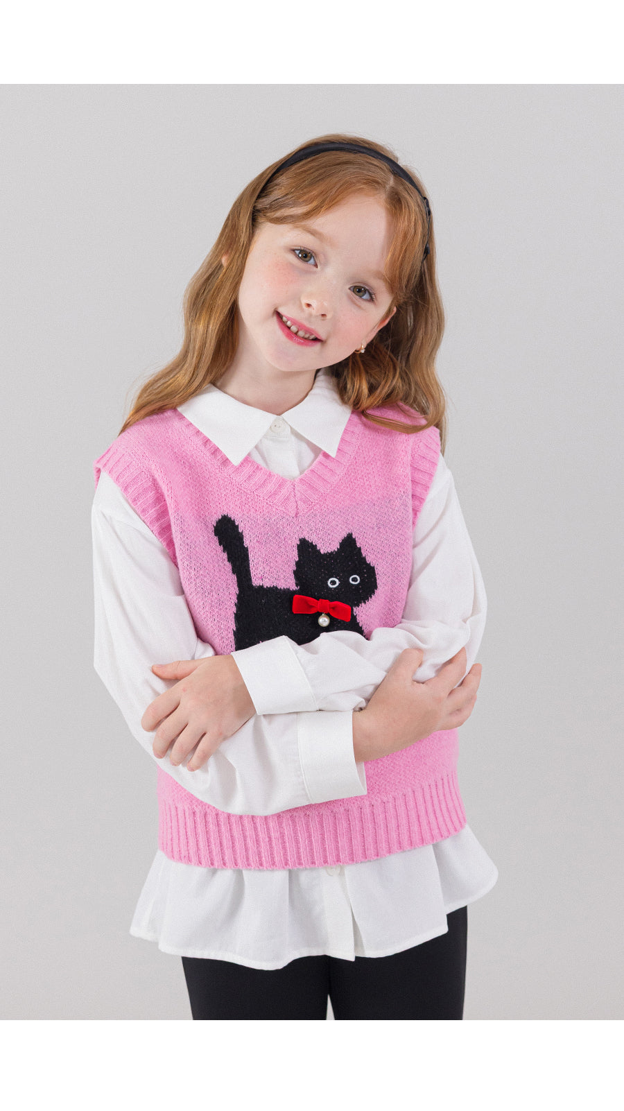 I LOVE J pearl ribbon cat knit vest