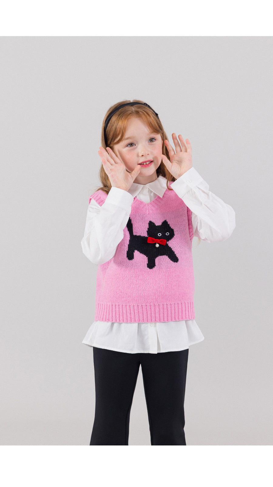I LOVE J pearl ribbon cat knit vest
