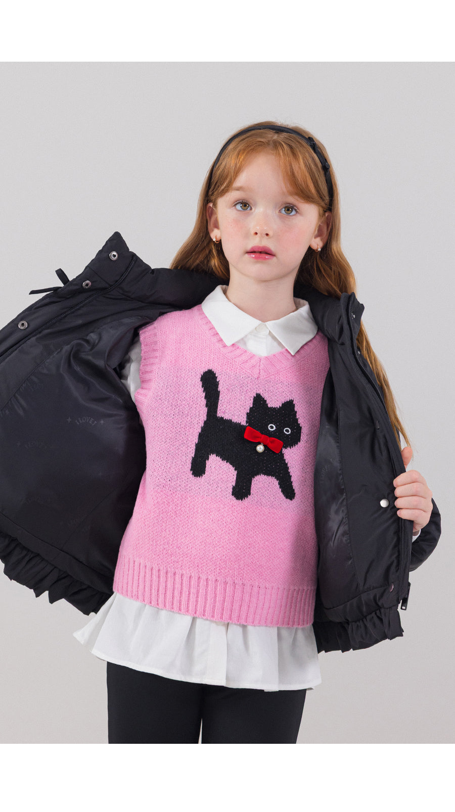 I LOVE J pearl ribbon cat knit vest