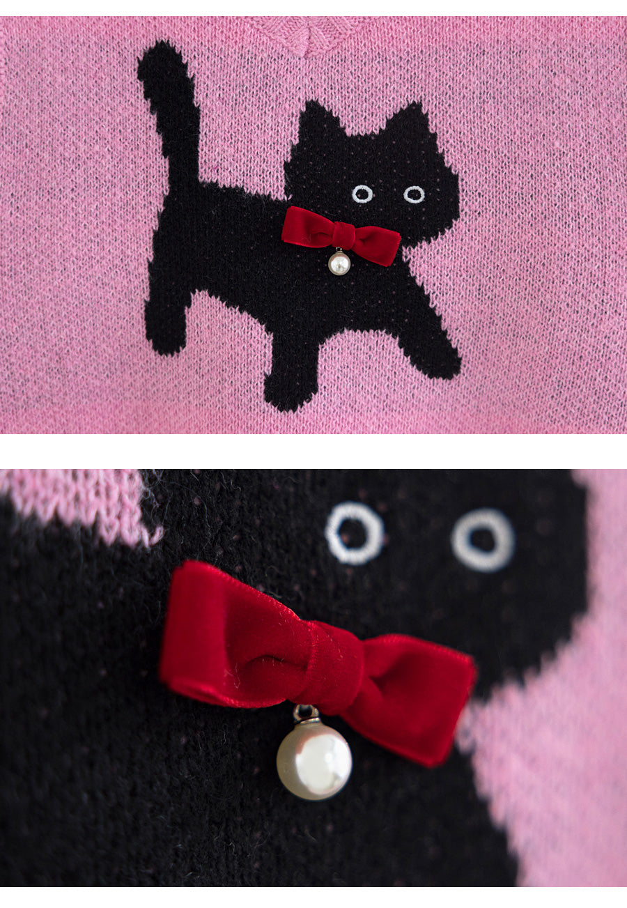 I LOVE J pearl ribbon cat knit vest