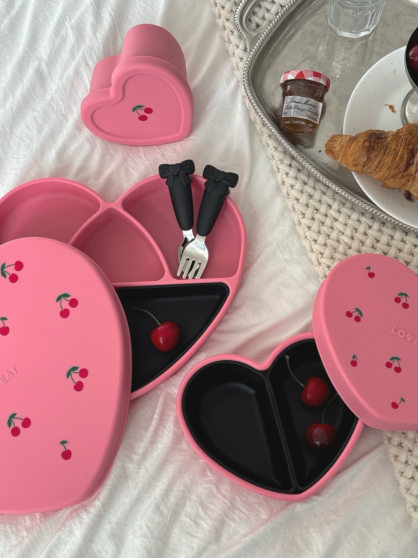 Loveat special limited edition black cherry & pink cherry suction plate set, bowl and lunch box
