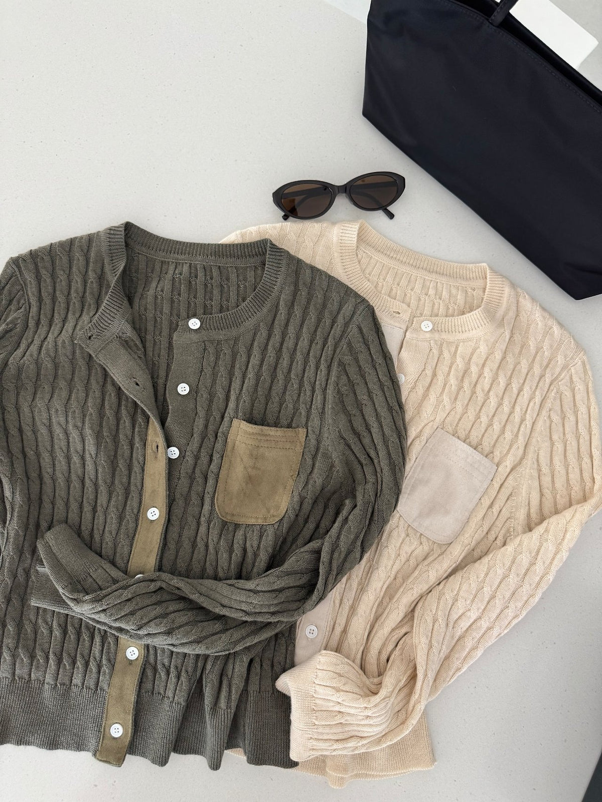 MOMS WEAR Touch Cable Knit Suede Contrast Cable Wool Office Button Cardigan