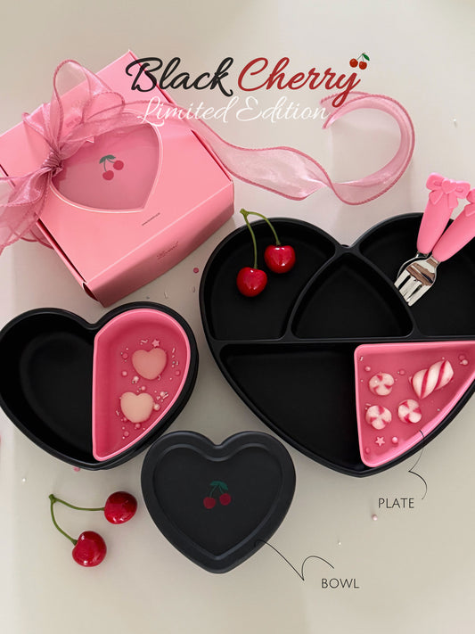 Loveat special limited edition black cherry & pink cherry suction plate set, bowl and lunch box