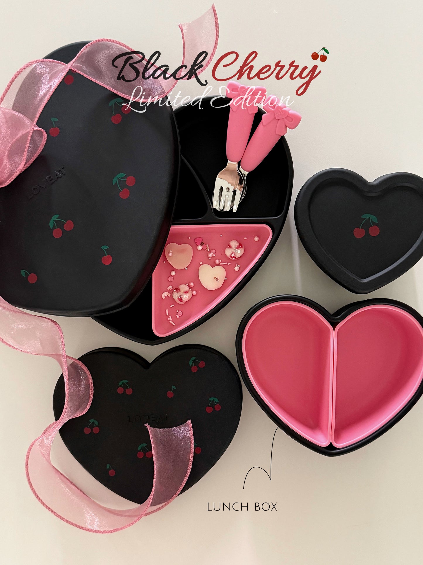 Loveat special limited edition black cherry & pink cherry suction plate set, bowl and lunch box