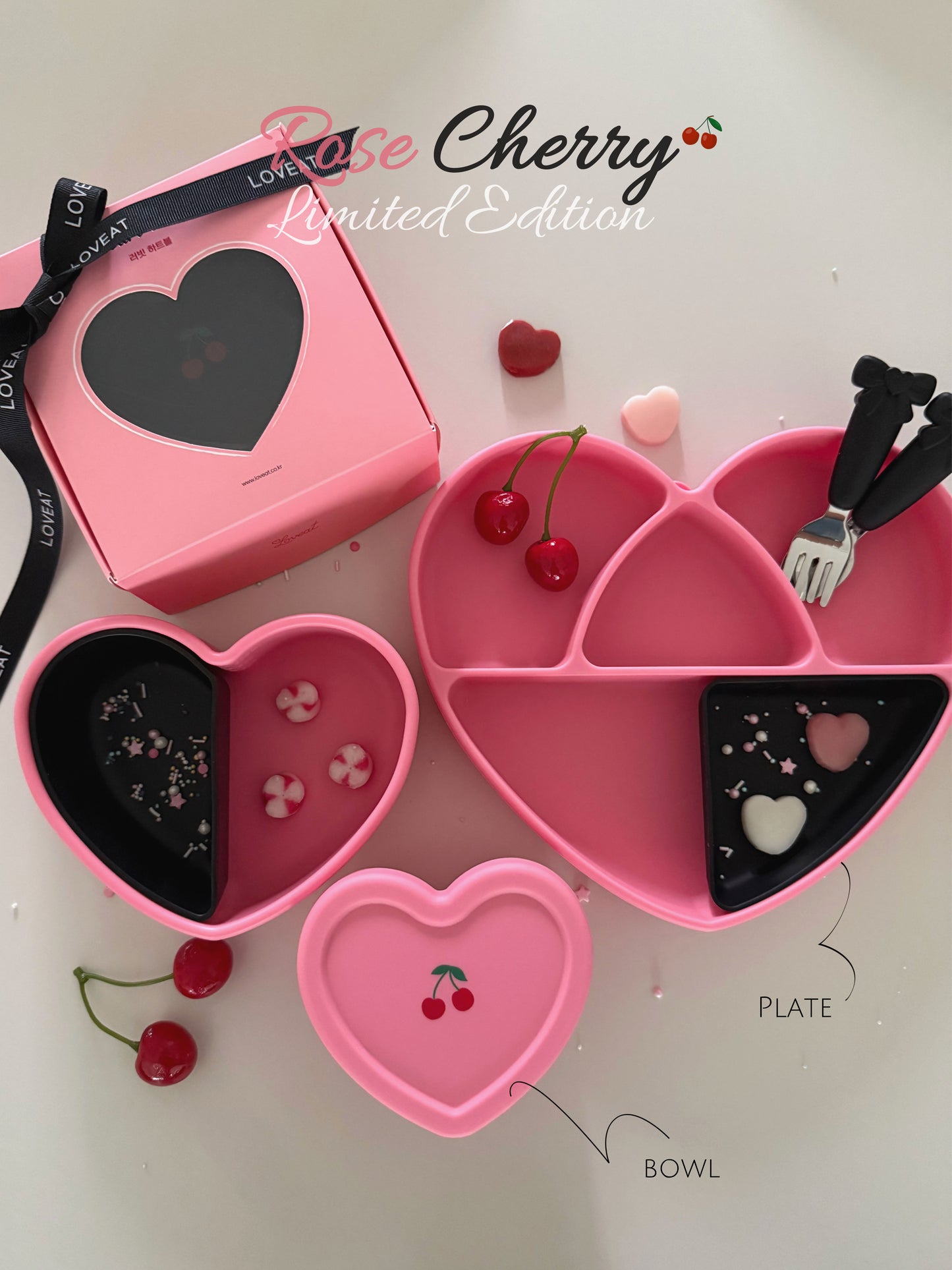 Loveat special limited edition black cherry & pink cherry suction plate set, bowl and lunch box