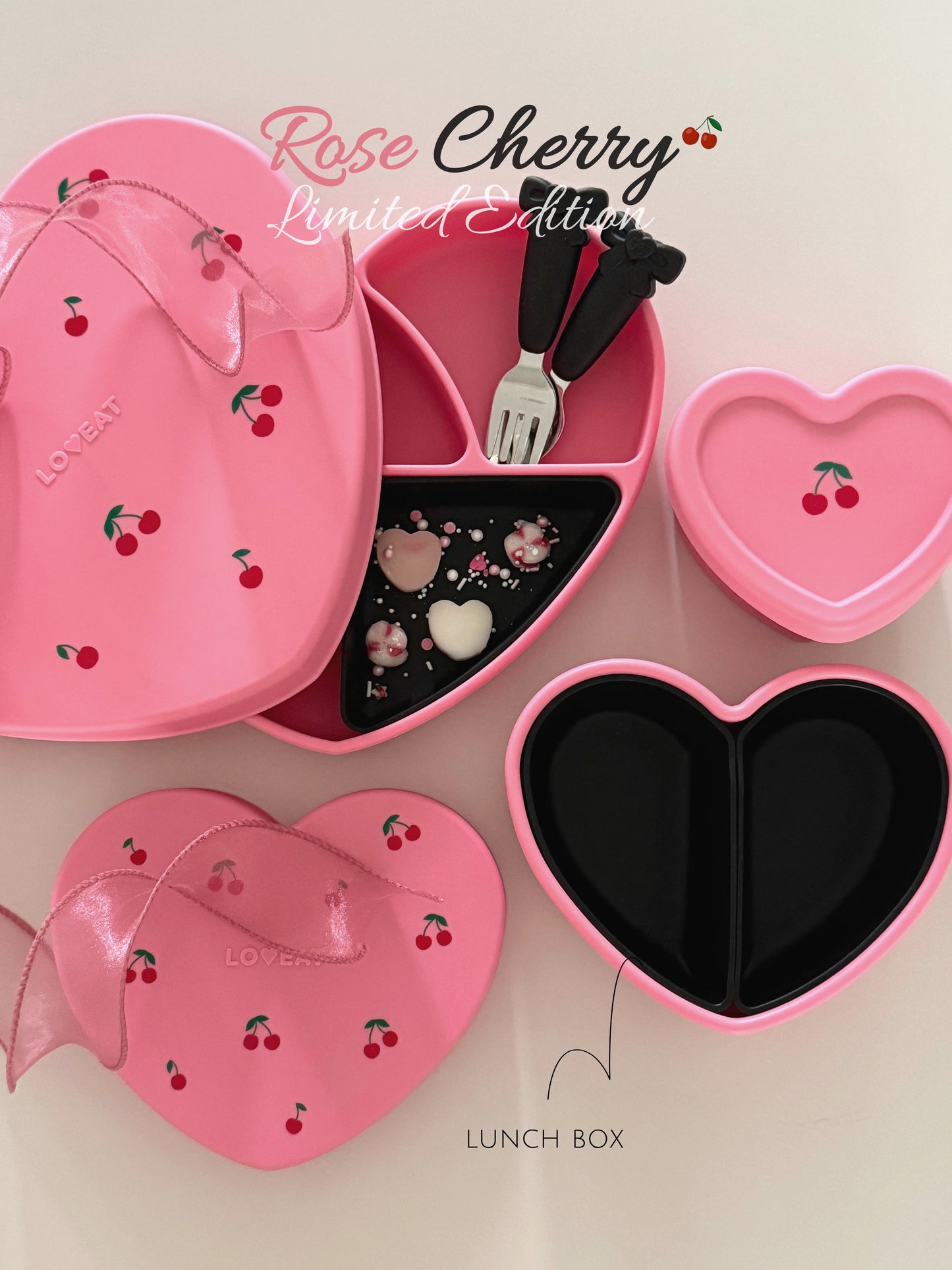 Loveat special limited edition black cherry & pink cherry suction plate set, bowl and lunch box