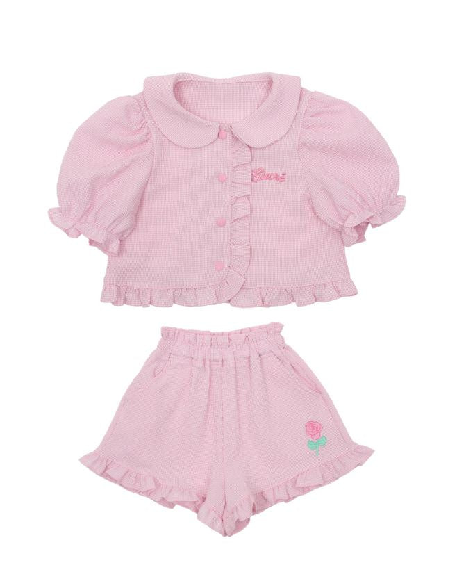 BEBEBEBE SUMMER cream rose check frill set