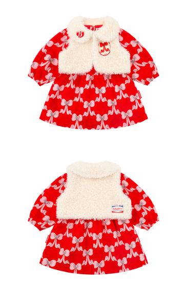 BEBE DE PINO All-over puff ribbon baby fur vest one-piece set