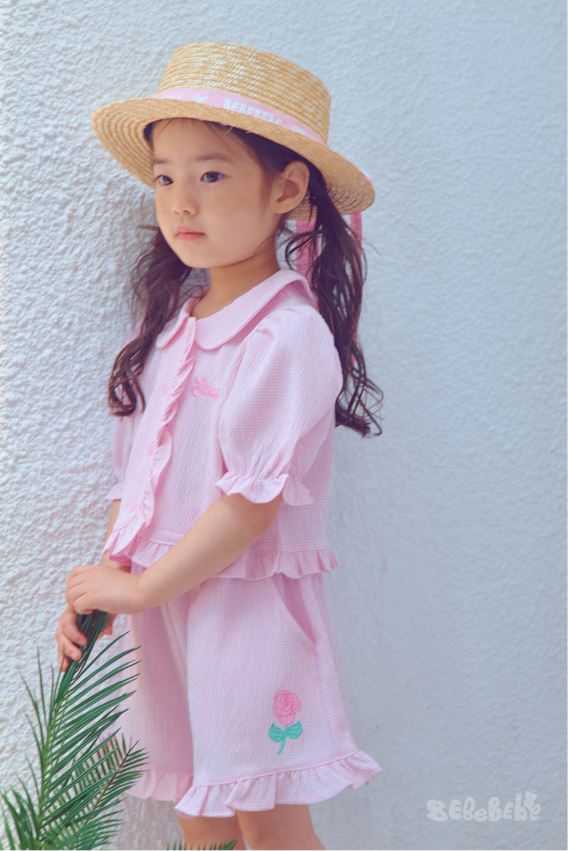 BEBEBEBE SUMMER cream rose check frill set