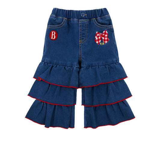 BEBE DE PINO Check ribbon baby frill denim pants