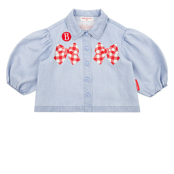 BEBE DE PINO Check ribbon baby puff denim blouse