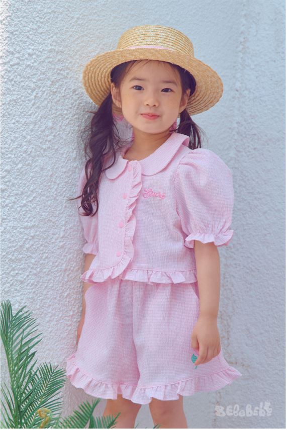 BEBEBEBE SUMMER cream rose check frill set