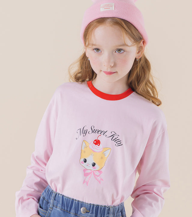 I LOVE J QP/My sweet kitty color-contrast single t-shirt