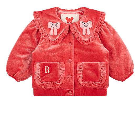 BEBE DE PINO Ribbon baby velvet frill collar jumper