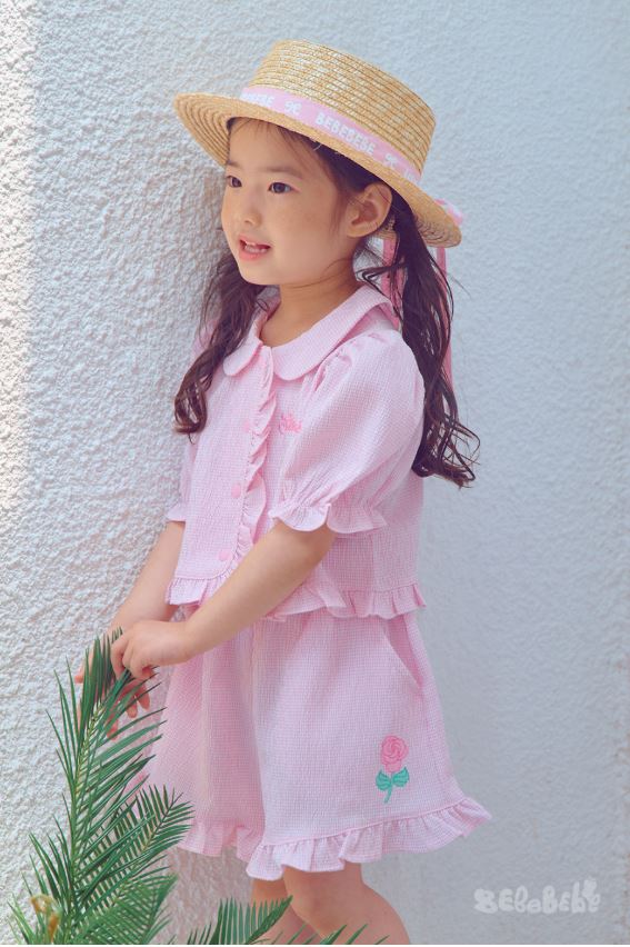 BEBEBEBE SUMMER cream rose check frill set
