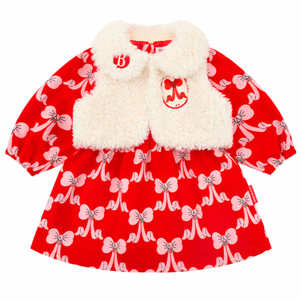 BEBE DE PINO All-over puff ribbon baby fur vest one-piece set