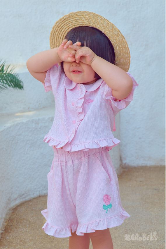 BEBEBEBE SUMMER cream rose check frill set