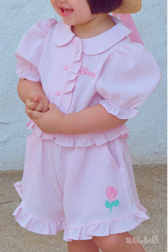 BEBEBEBE SUMMER cream rose check frill set