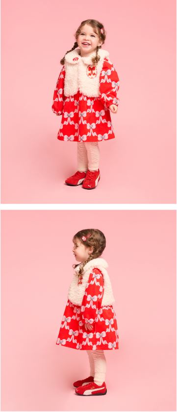 BEBE DE PINO All-over puff ribbon baby fur vest one-piece set