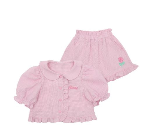 BEBEBEBE SUMMER cream rose check frill set