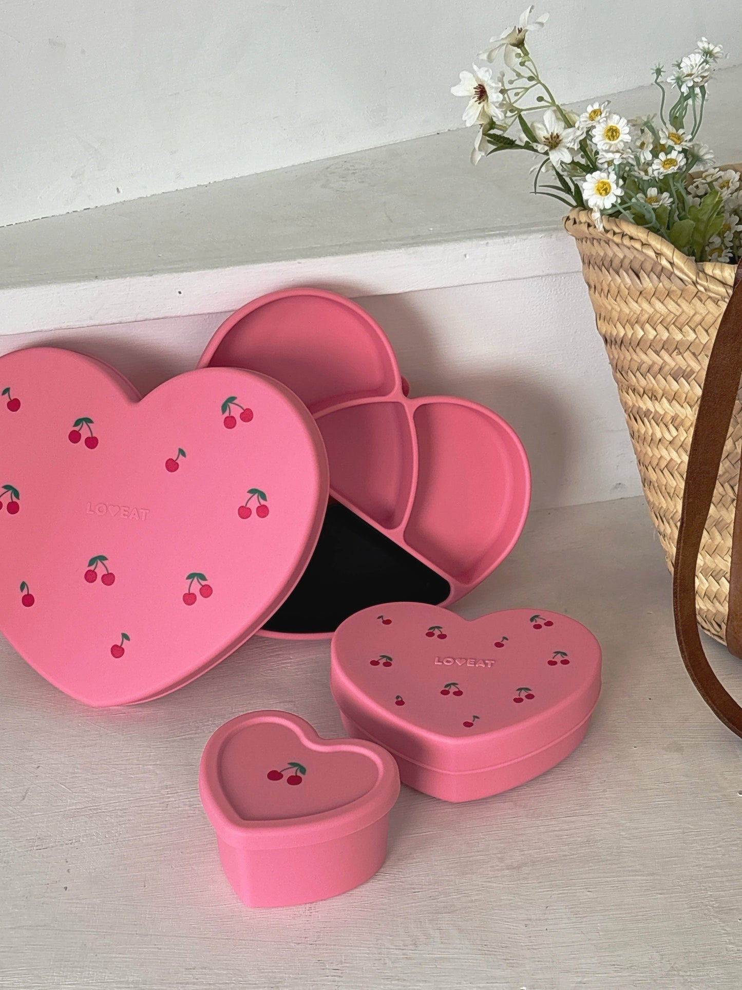 Loveat special limited edition black cherry & pink cherry suction plate set, bowl and lunch box