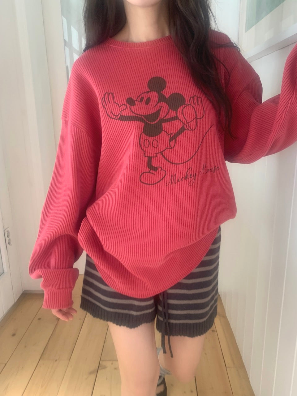MOMS WEAR Mickey waffle long sleeve top