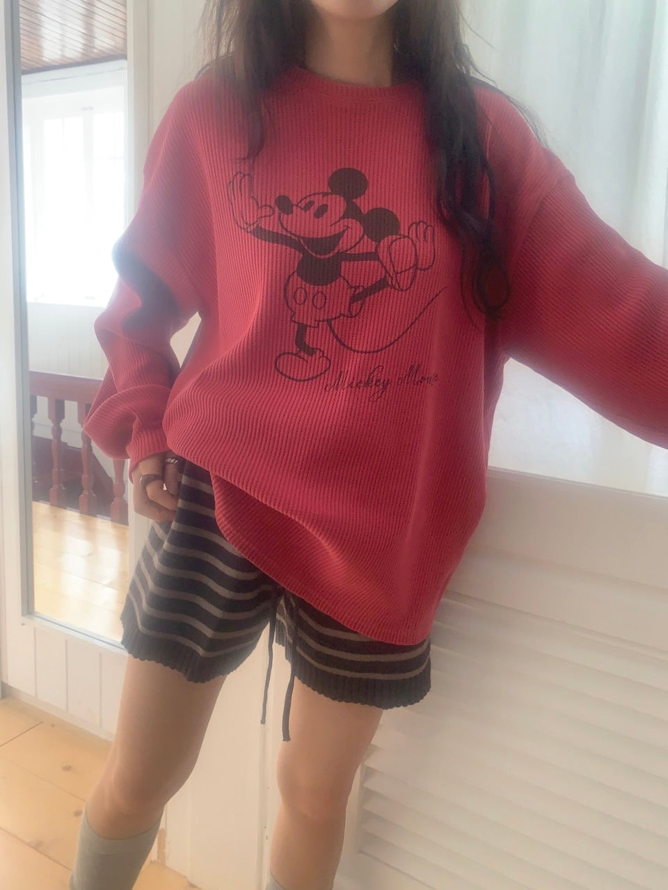 MOMS WEAR Mickey waffle long sleeve top
