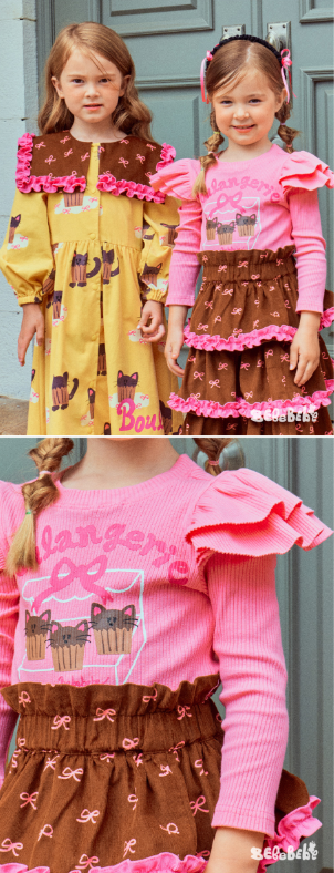 BEBEBEBE FALL Ribbon cat cupcake frill ribbed t-shirt (PINK)