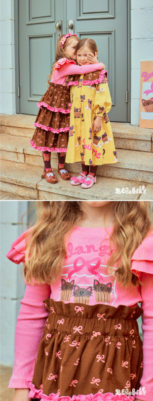 BEBEBEBE FALL Ribbon cat cupcake frill ribbed t-shirt (PINK)