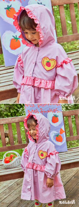BEBEBEBE FALL Doodle heart strawberry reversible frill hood coat