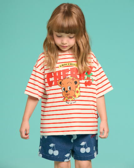 BEBE DE PINO Cherry bear boat neck stripe tee
