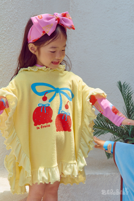 BEBEBEBE SUMMER Strawberry Ice cream frill poncho towel (YELLOW)