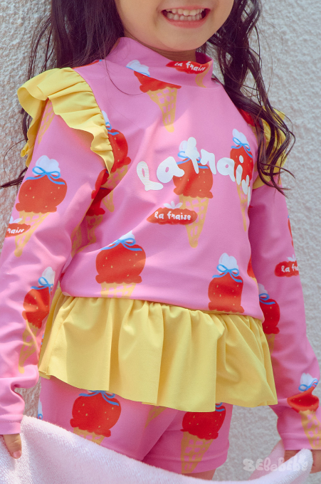 BEBEBEBE SUMMER Strawberry Ice cream frill rash guard SET (PINK)