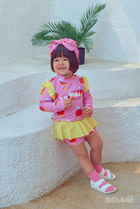 BEBEBEBE SUMMER Strawberry Ice cream frill rash guard SET (PINK)