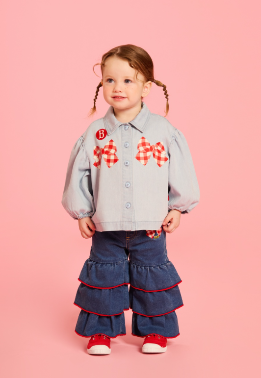 BEBE DE PINO Check ribbon baby frill denim pants