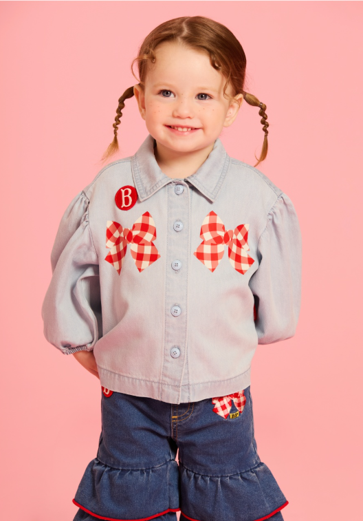 BEBE DE PINO Check ribbon baby frill denim pants
