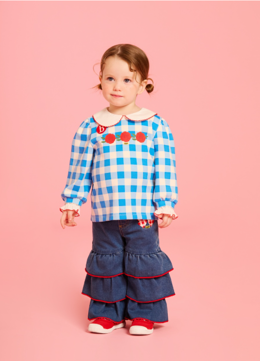 BEBE DE PINO Check ribbon baby frill denim pants