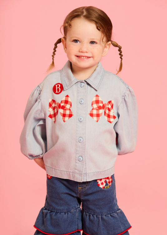 BEBE DE PINO Check ribbon baby puff denim blouse