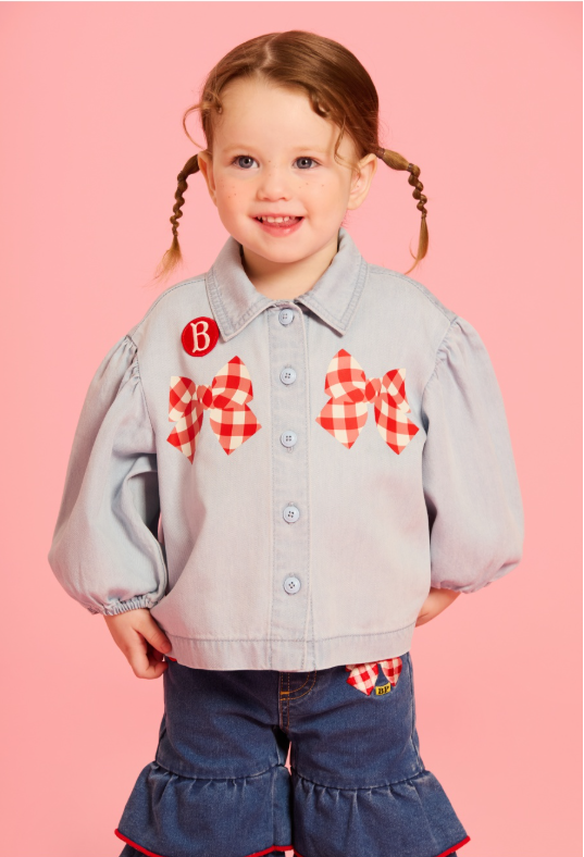 BEBE DE PINO Check ribbon baby puff denim blouse