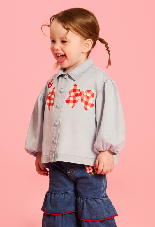 BEBE DE PINO Check ribbon baby puff denim blouse
