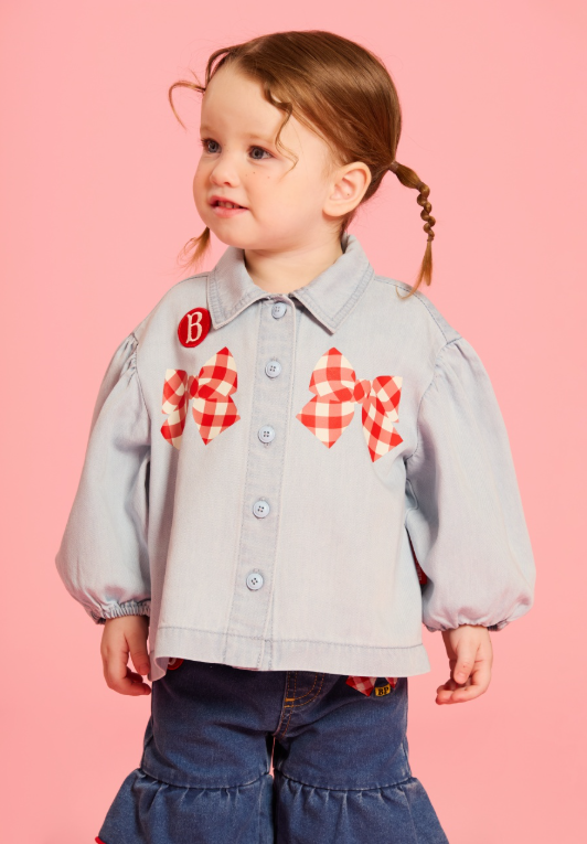 BEBE DE PINO Check ribbon baby puff denim blouse