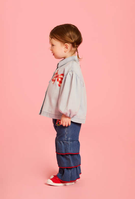 BEBE DE PINO Check ribbon baby puff denim blouse