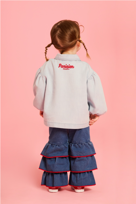 BEBE DE PINO Check ribbon baby puff denim blouse