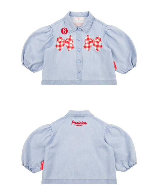 BEBE DE PINO Check ribbon baby puff denim blouse