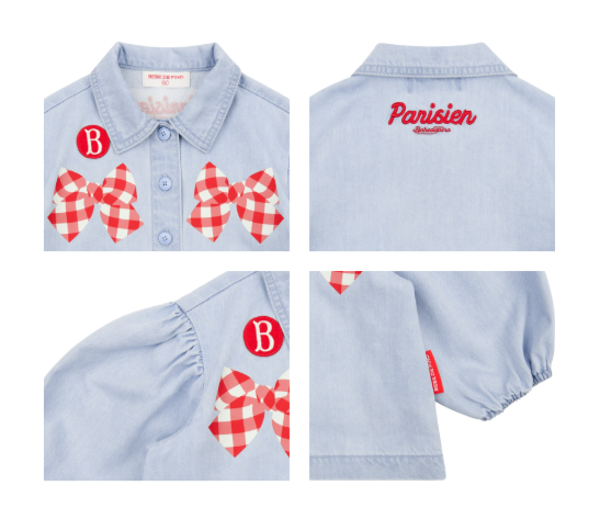 BEBE DE PINO Check ribbon baby puff denim blouse
