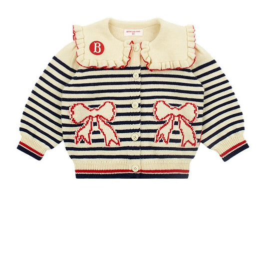 BEBE DE PINO Ribbon baby sailor collar stripe sweater cardigan