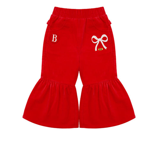 BEBE DE PINO Ribbon baby velvet ruffle pants