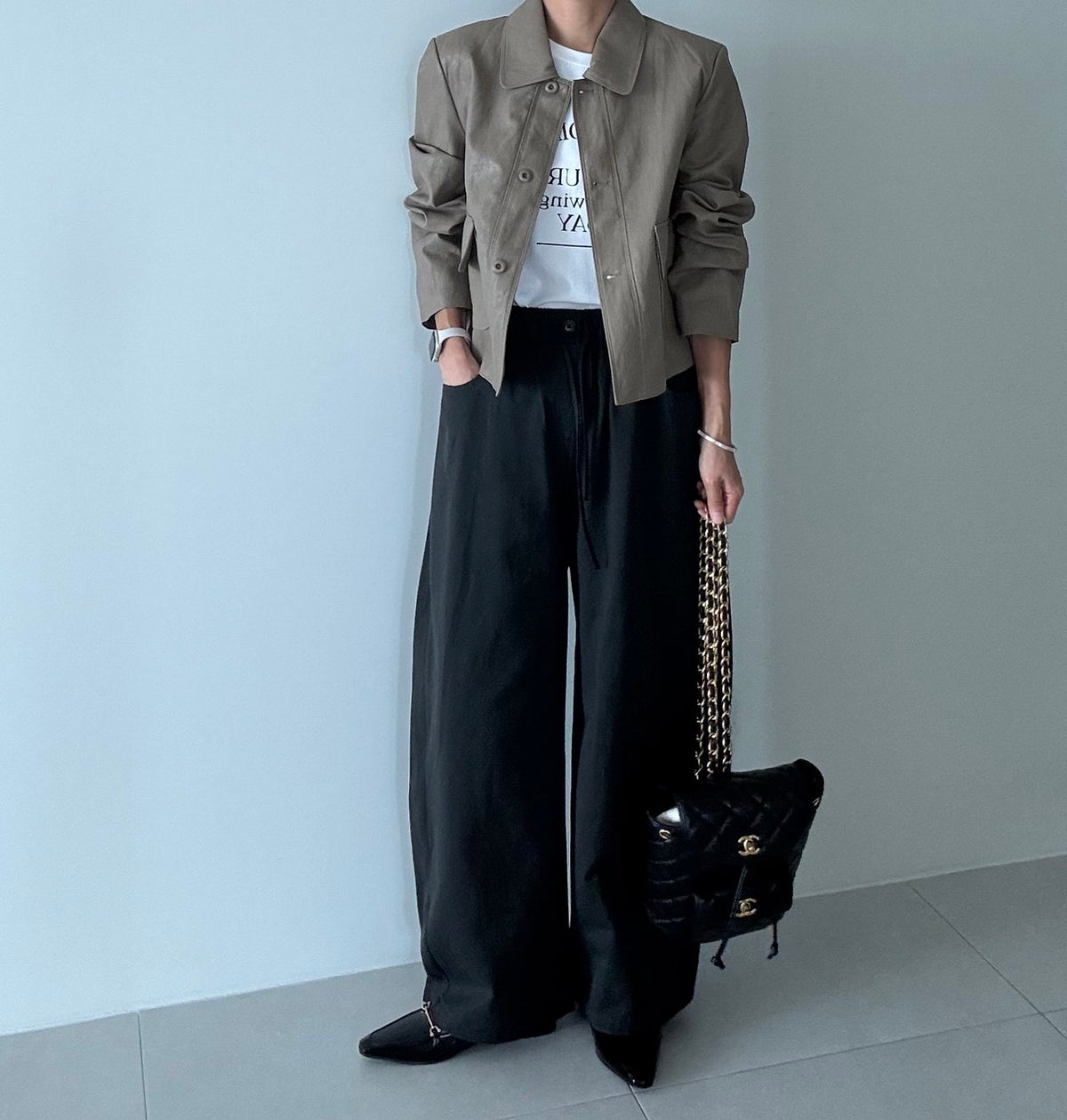 MOMS WEAR Basic Collar Leather Crop Leather Jacket