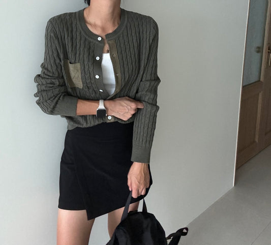 MOMS WEAR Touch Cable Knit Suede Contrast Cable Wool Office Button Cardigan