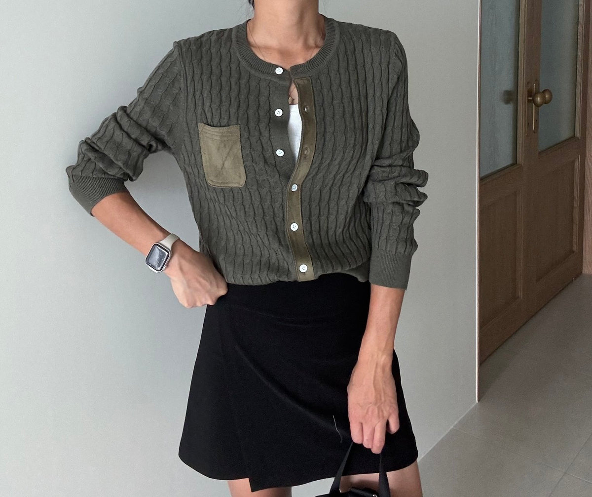 MOMS WEAR Touch Cable Knit Suede Contrast Cable Wool Office Button Cardigan